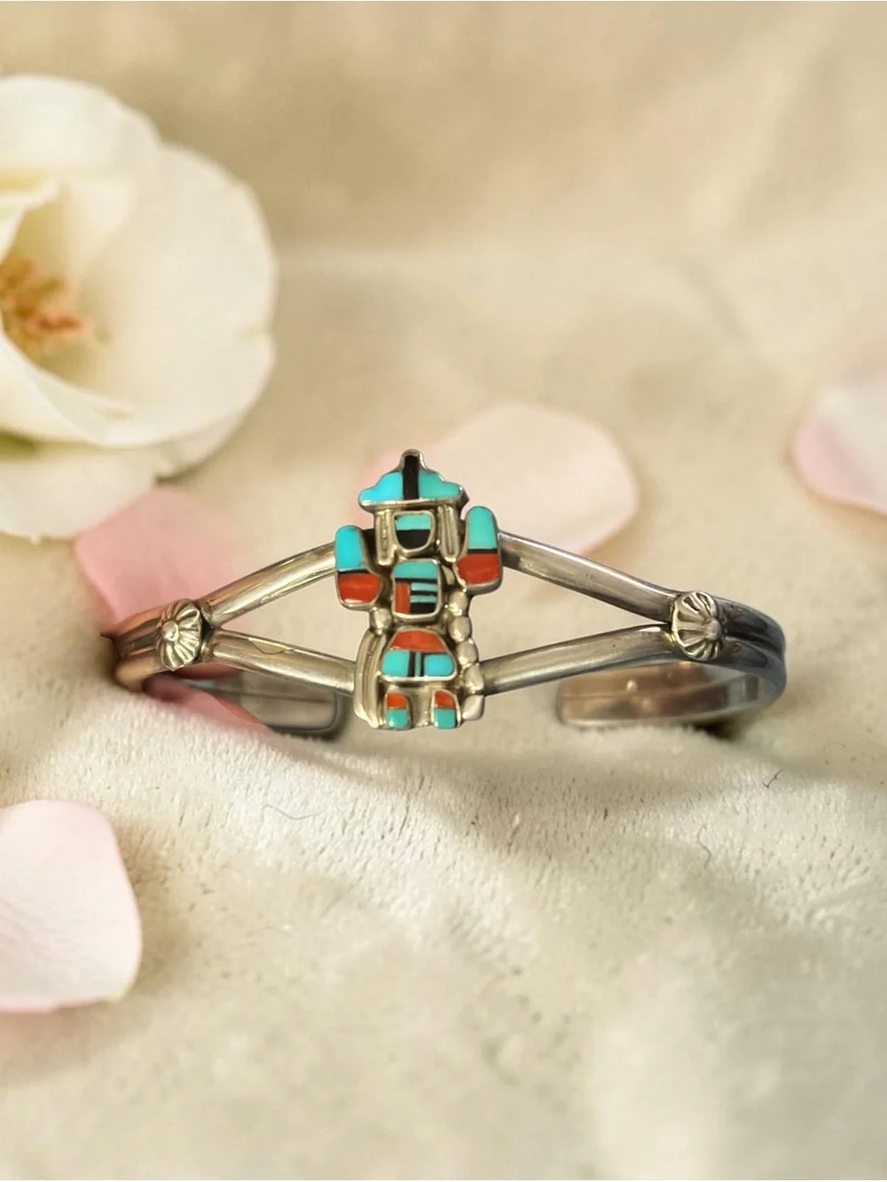 Vintage circa 1980's Native American handmade sterling silver yei cuff bracelet,